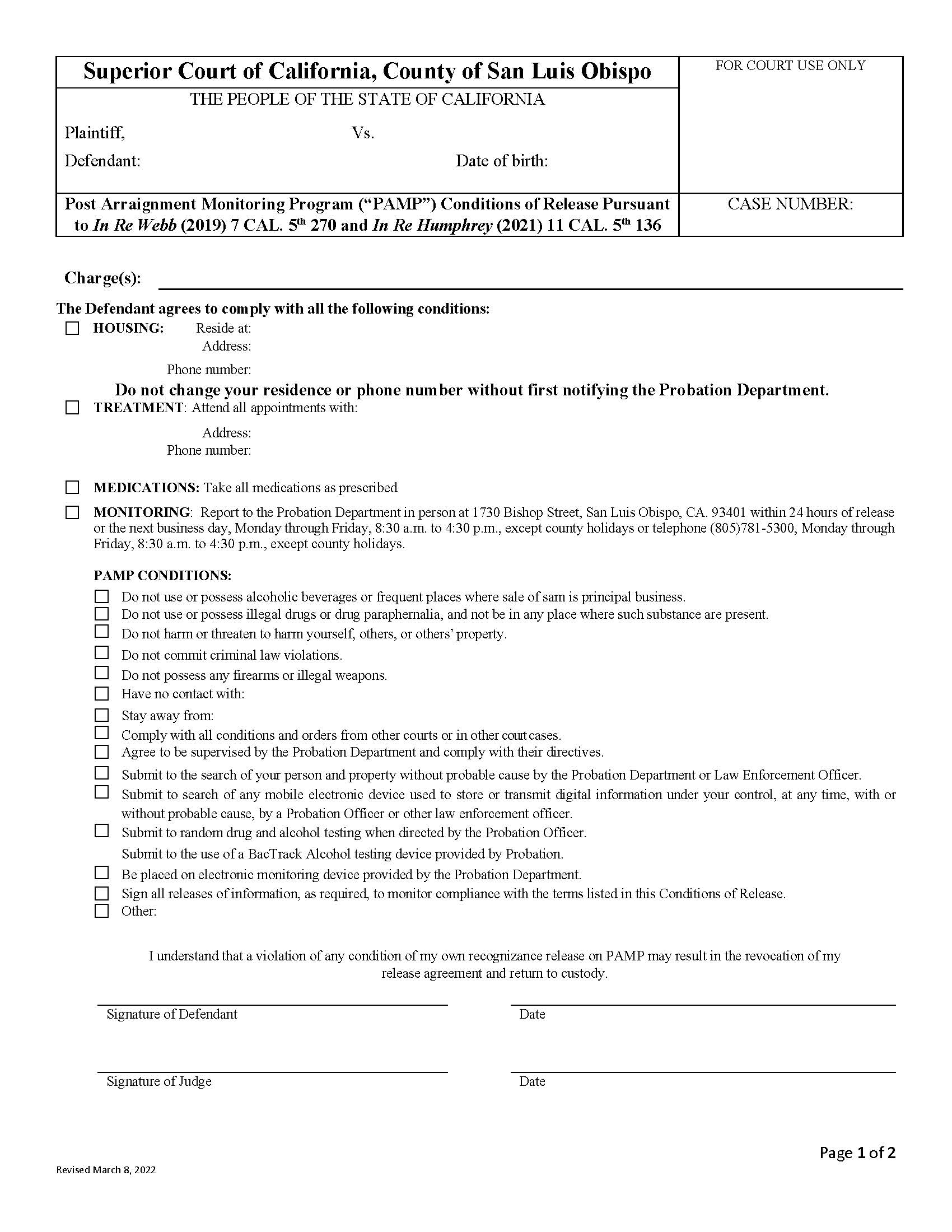PAMP Post Arraignment Monitoring Order | Pdf Fpdf Docx | California