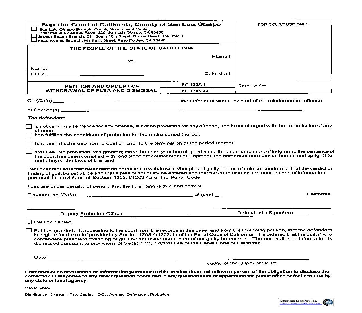 Petition And Order For Withdrawal Of Plea And Dimissal (PC 1203.4 Petition) {2510-201} | Pdf Fpdf Doc Docx | California