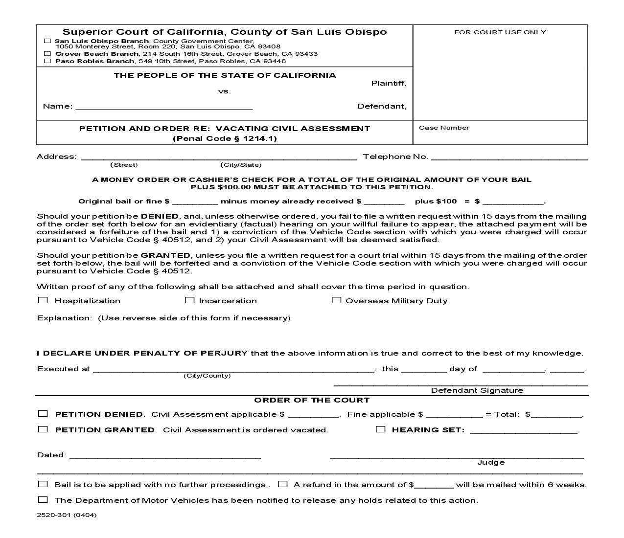 Petition And Order Re Vacation Civil Assessment (Penal Code 1214.1) {2520-301} | Pdf Fpdf Doc Docx | California