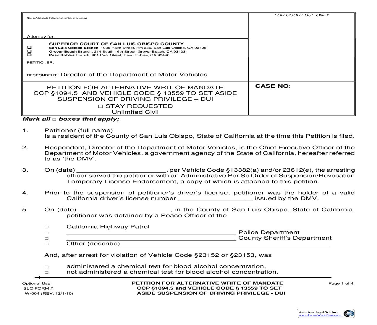 Petition For Alternative Writ Of Mandate (DUI) {W004} | Pdf Fpdf Doc Docx | California