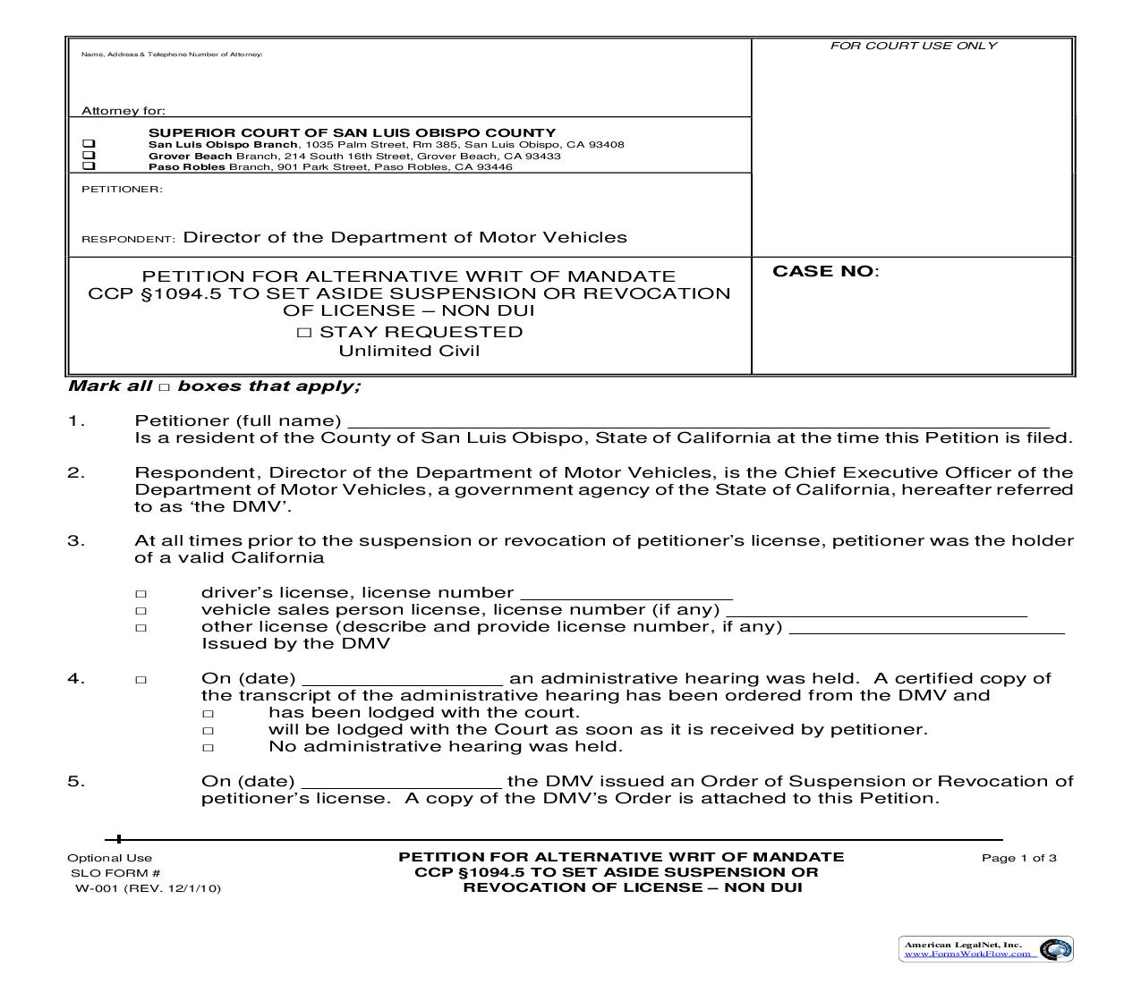 Petition For Alternative Writ Of Mandate (Non-DUI) {W001} | Pdf Fpdf Doc Docx | California