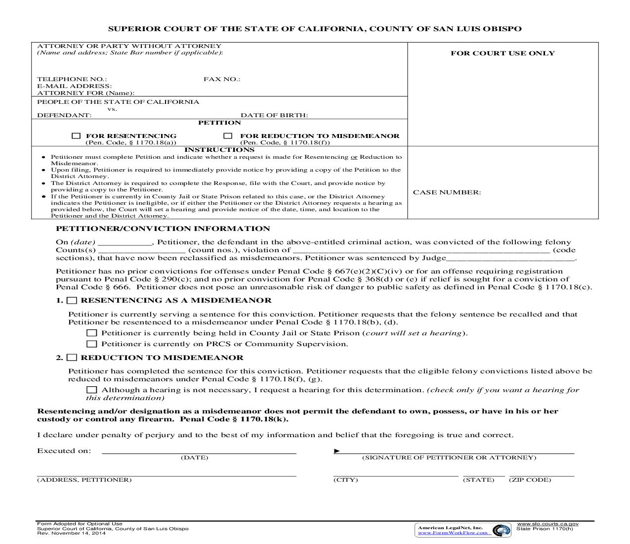 Petition For Reduction To Misdemeanor-Resentencing | Pdf Fpdf Doc Docx | California