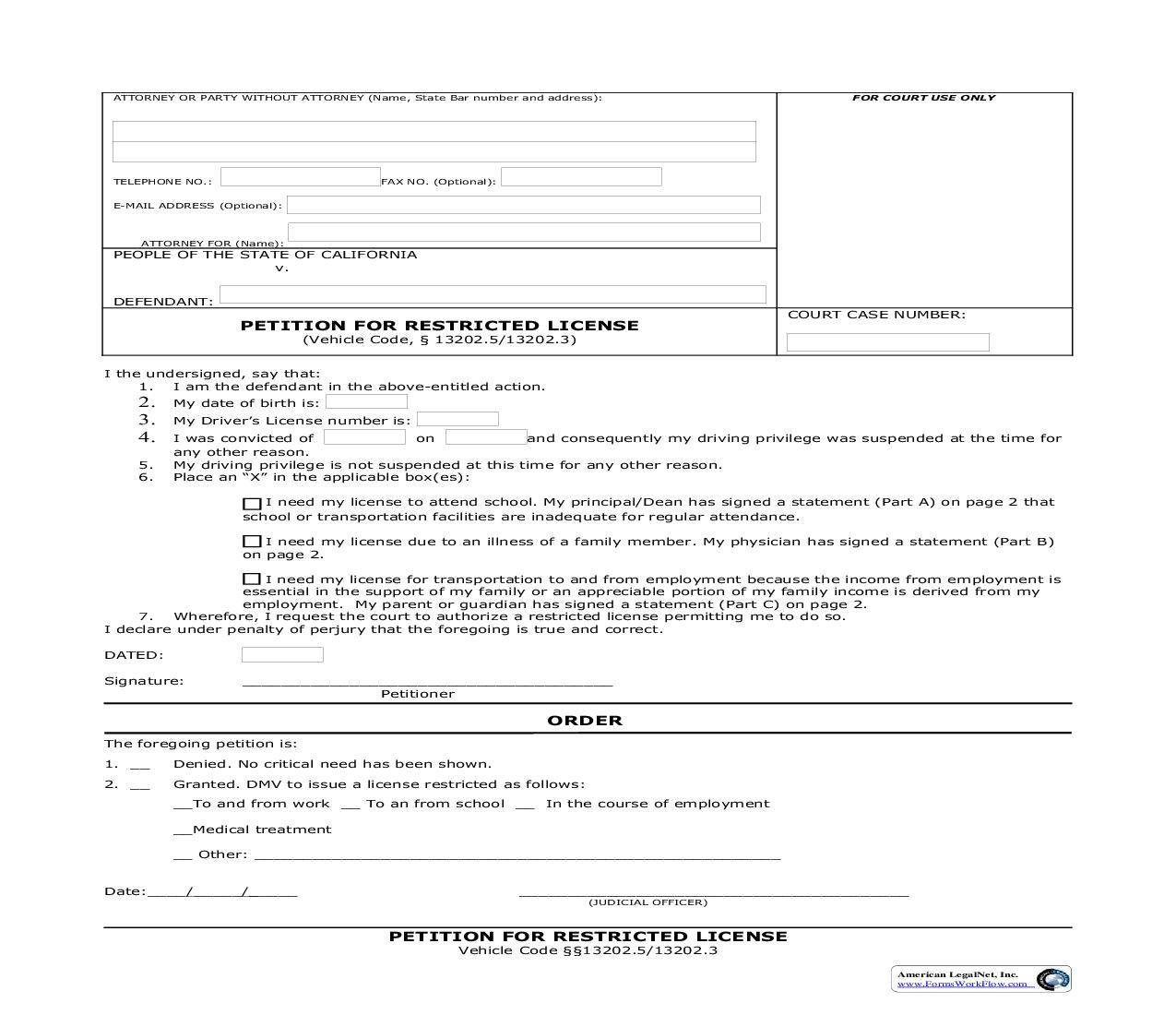 Petition For Restricted License | Pdf Fpdf Doc Docx | California