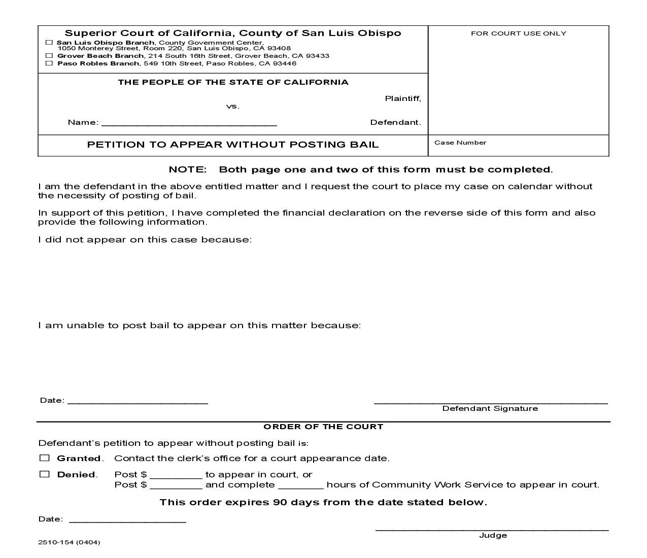 Petition To Appear Without Posting Bail {2510-154} | Pdf Fpdf Doc Docx | California