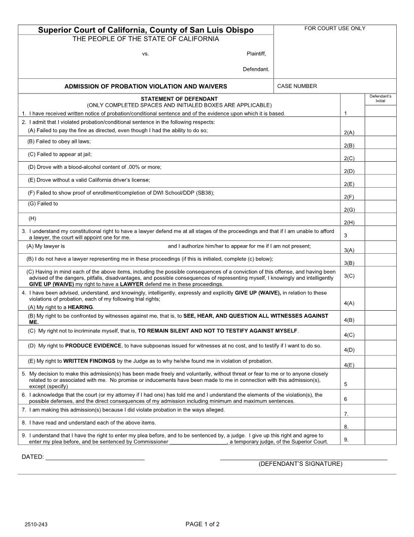 Probation Violation Waiver Of Rights (Admission Of Probation Violation) {2510-243} | Pdf Fpdf Docx | California