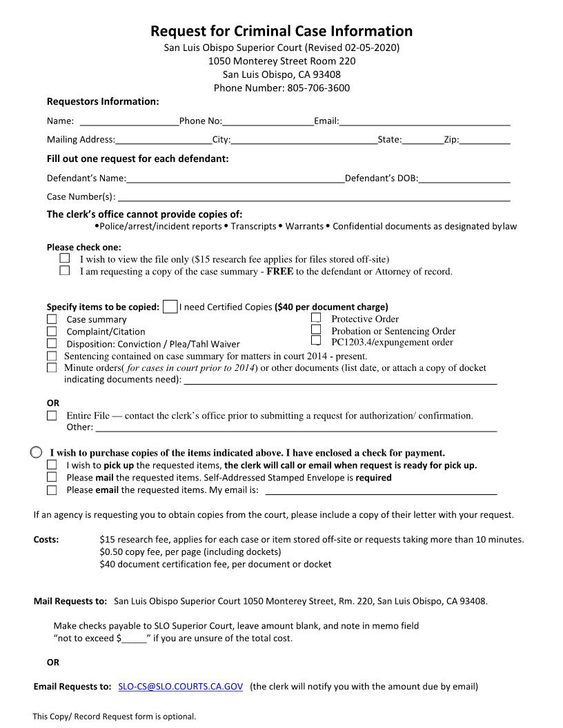 Request For Criminal Case Information | Pdf Fpdf Doc Docx | California