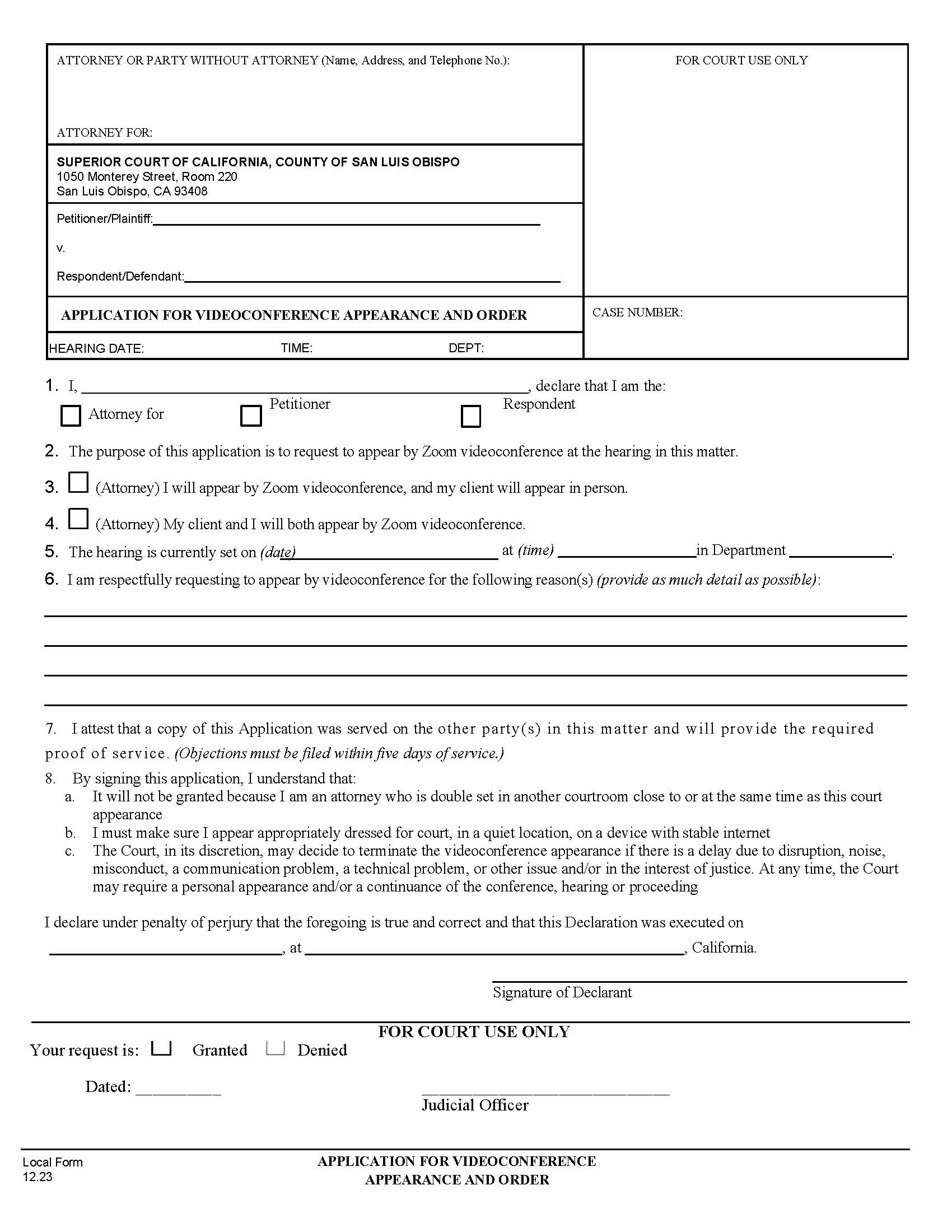 Attorney Application For Video Conference Appearance {FL015} | Pdf Fpdf Docx | California