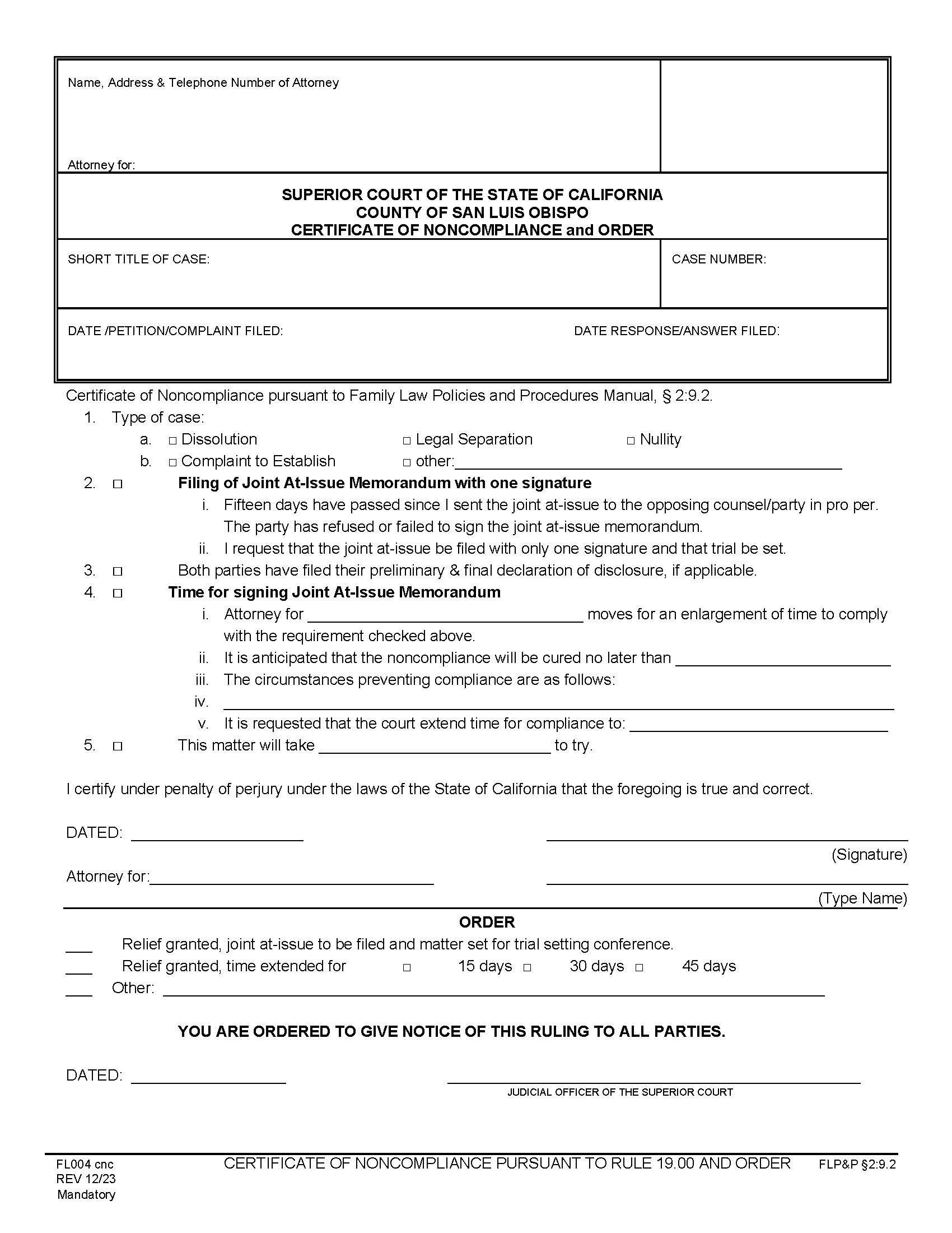 Certificate Of Noncompliance Pursuant To Rule 19.00 And Order {FL004} | Pdf Fpdf Doc Docx | California