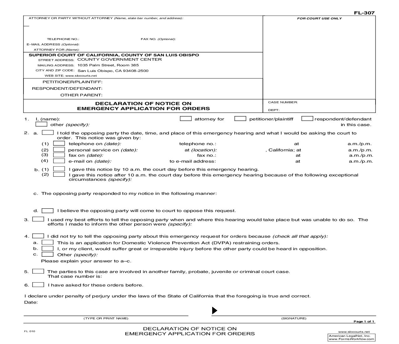 Declaration Of Notice On Emergency Application For Orders {FL010} | Pdf Fpdf Doc Docx | California