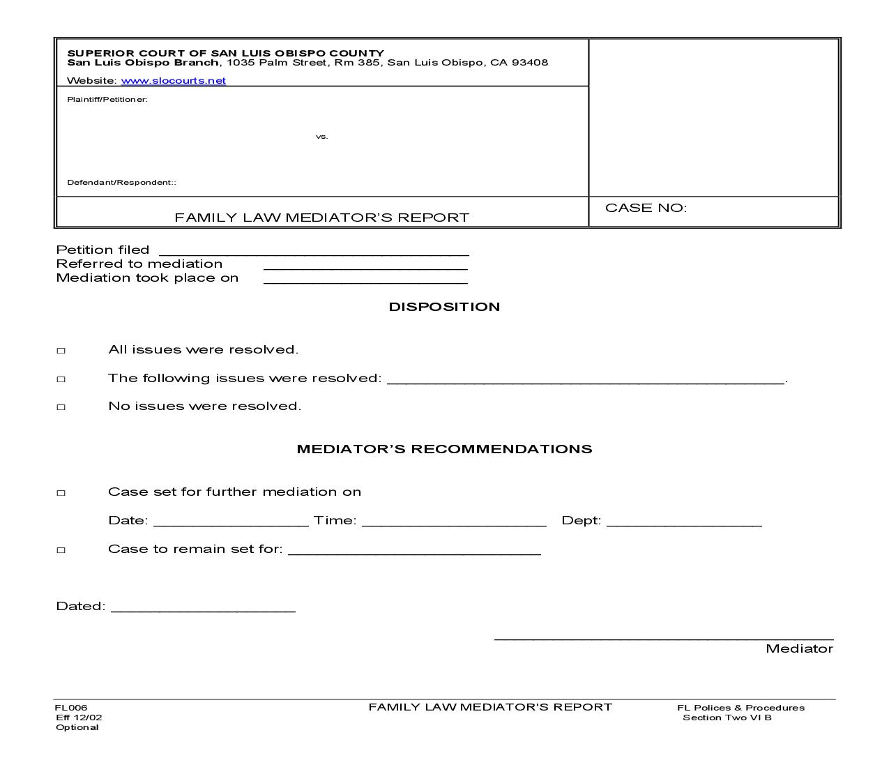 Family Law Mediator's Report {FL006} | Pdf Fpdf Doc Docx | California
