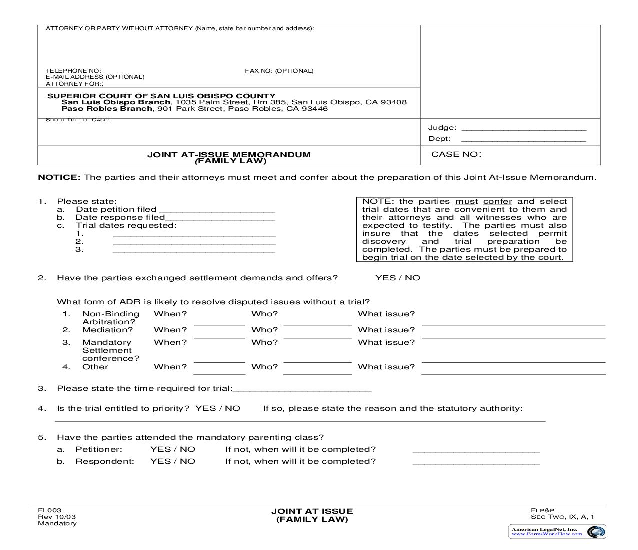 Joint At Issue Memorandum Family Law {FL003} | Pdf Fpdf Doc Docx | California