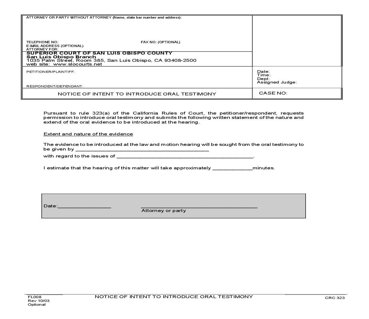 Notice Of Intent To Introduce Oral Testimony {FL008} | Pdf Fpdf Doc Docx | California
