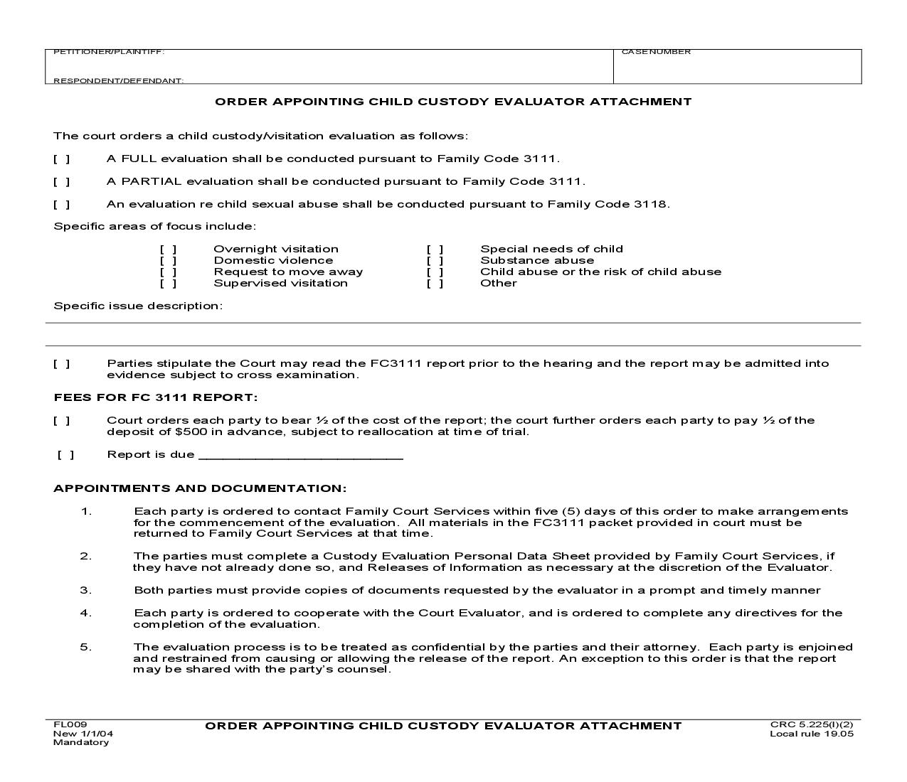 Order Appointing Child Custody Evaluator Attachment {FL009} | Pdf Fpdf Doc Docx | California