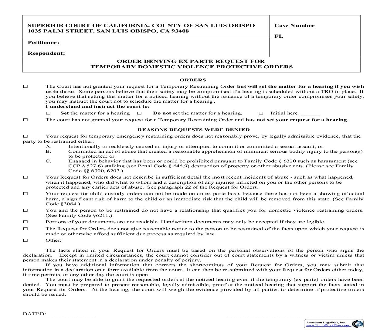 Order Denying Ex Parte Request For Temporary Domestic Violence Protective Orders | Pdf Fpdf Doc Docx | California