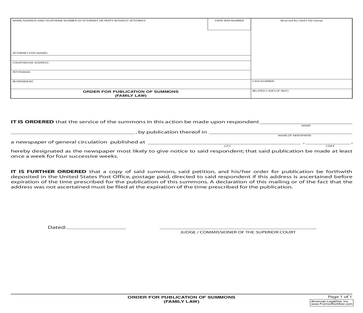 Order For Publication Of Summons (Family Law) {FL012} | Pdf Fpdf Doc Docx | California