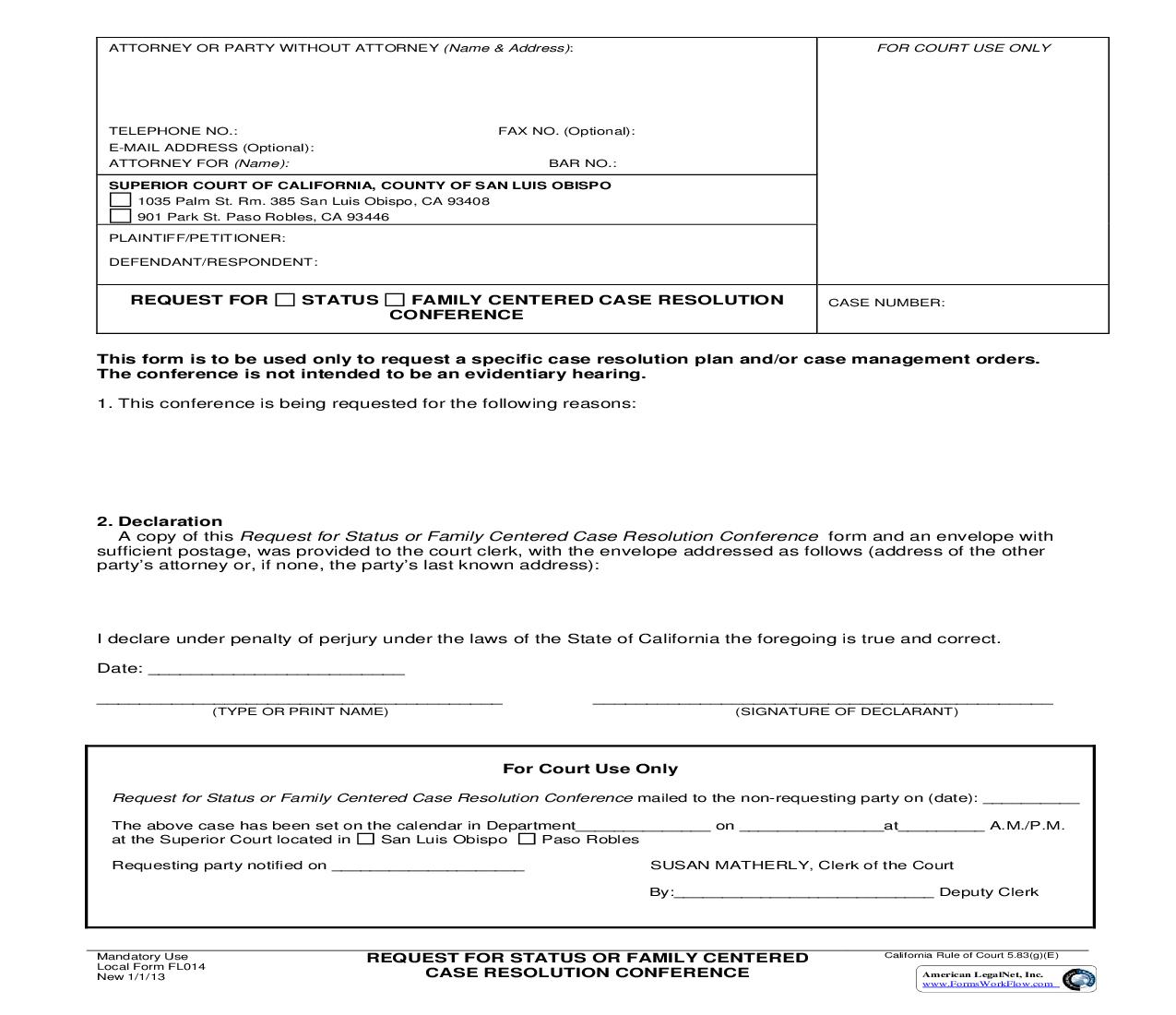 Request For Status Or Family Centered Case Resolution Conference {FL014} | Pdf Fpdf Doc Docx | California