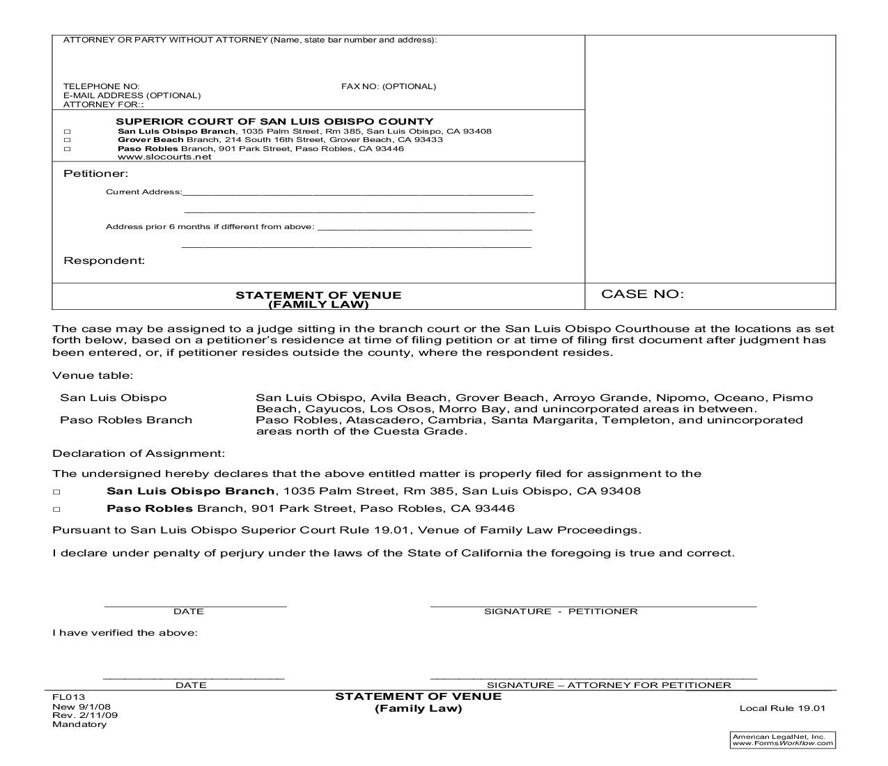 Statement Of Venue (Family Law) {FL013} | Pdf Fpdf Doc Docx | California
