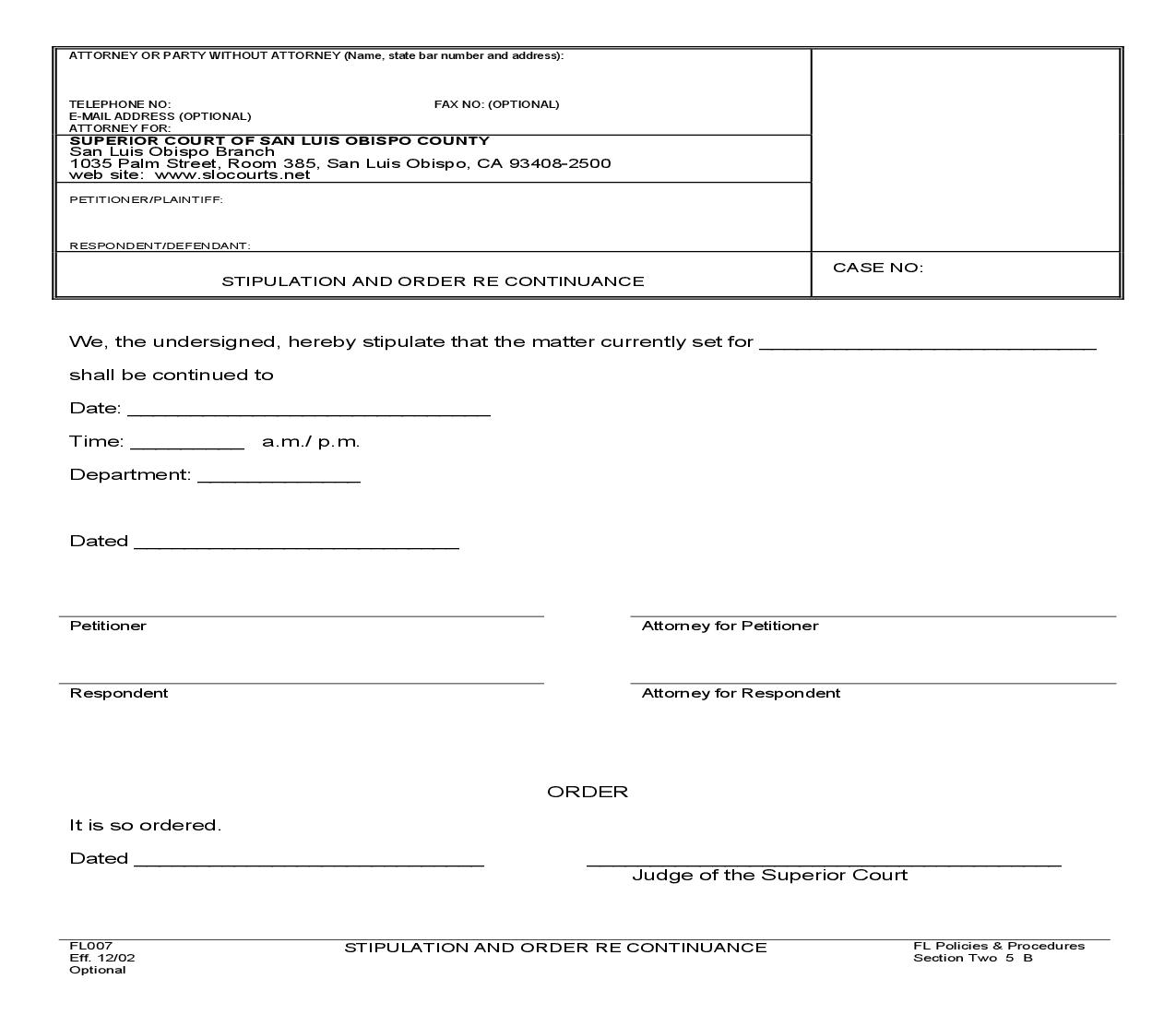 Stipulation And Order Re Continuance {FL007} | Pdf Fpdf Doc Docx | California