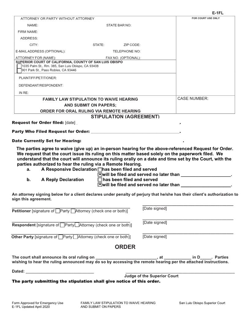 Stipulation To Waive Hearing {E-1FL} | Pdf Fpdf Docx | California