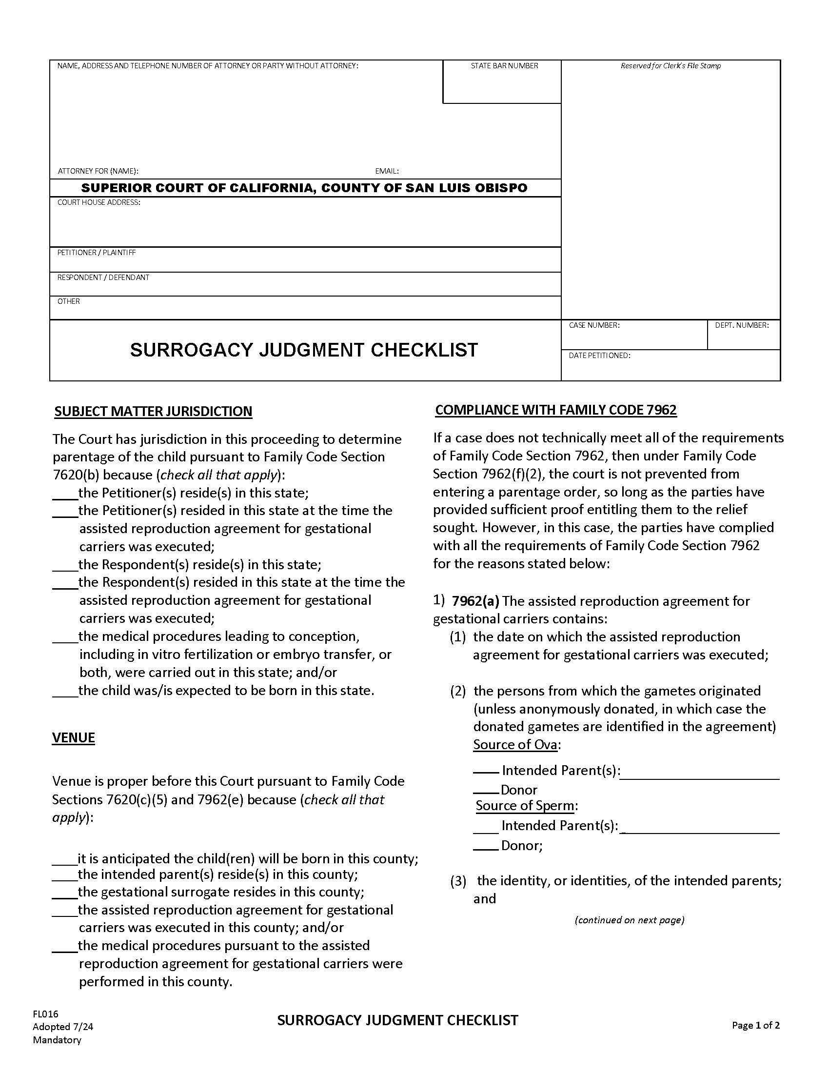 Surrogacy Judgment Checklist {FL016} | Pdf Fpdf Docx | California