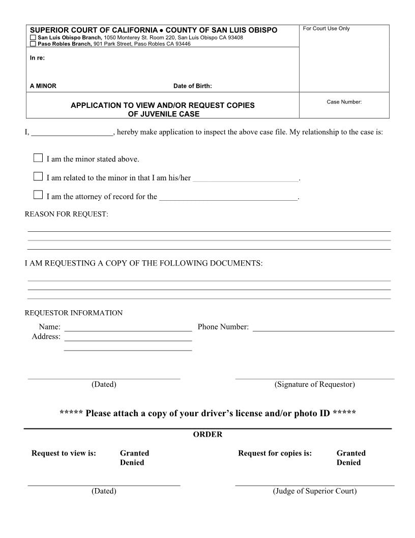Application To View And-Or Request Copies Of Juvenile Case | Pdf Fpdf Docx | California