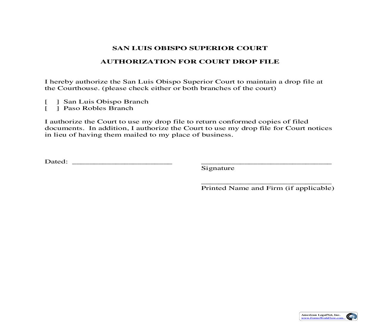 Authorization For Court Drop File | Pdf Fpdf Doc Docx | California