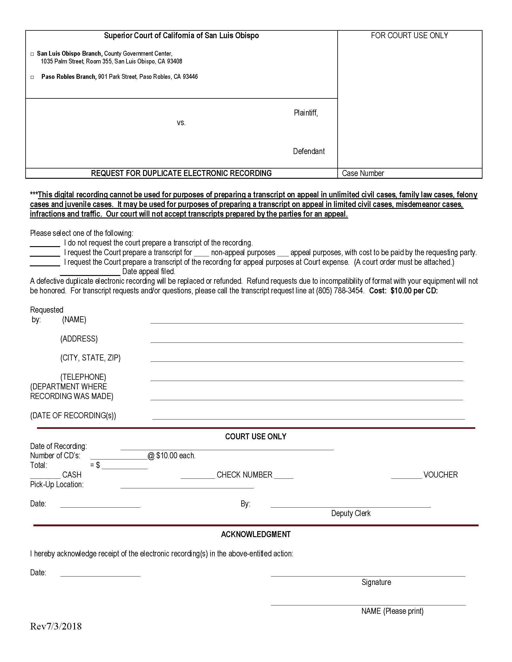 Request For Duplicate Electronic Recording {CO 001} | Pdf Fpdf Doc Docx | California