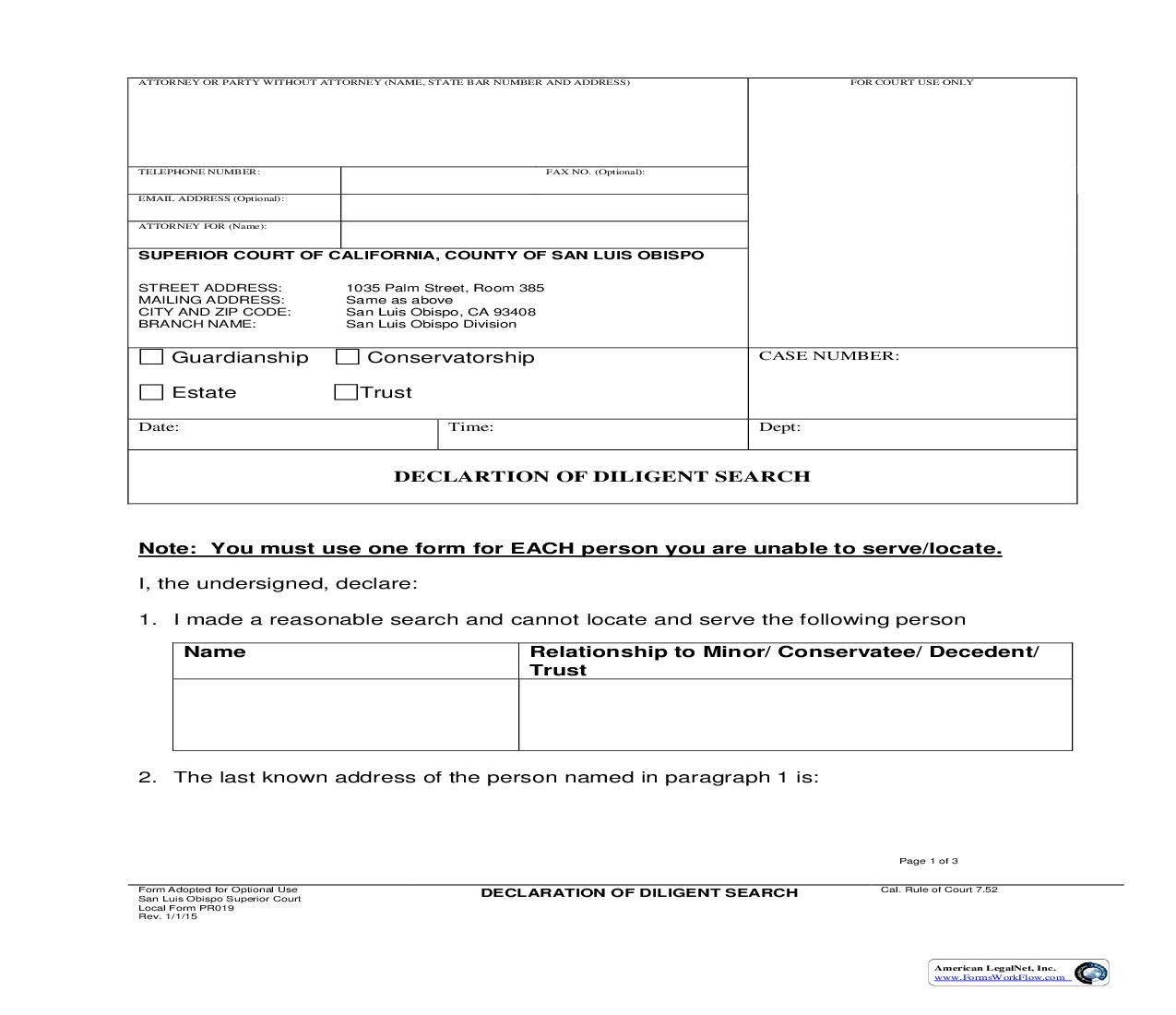 Declaration Of Diligent Search {PR019} | Pdf Fpdf Doc Docx | California