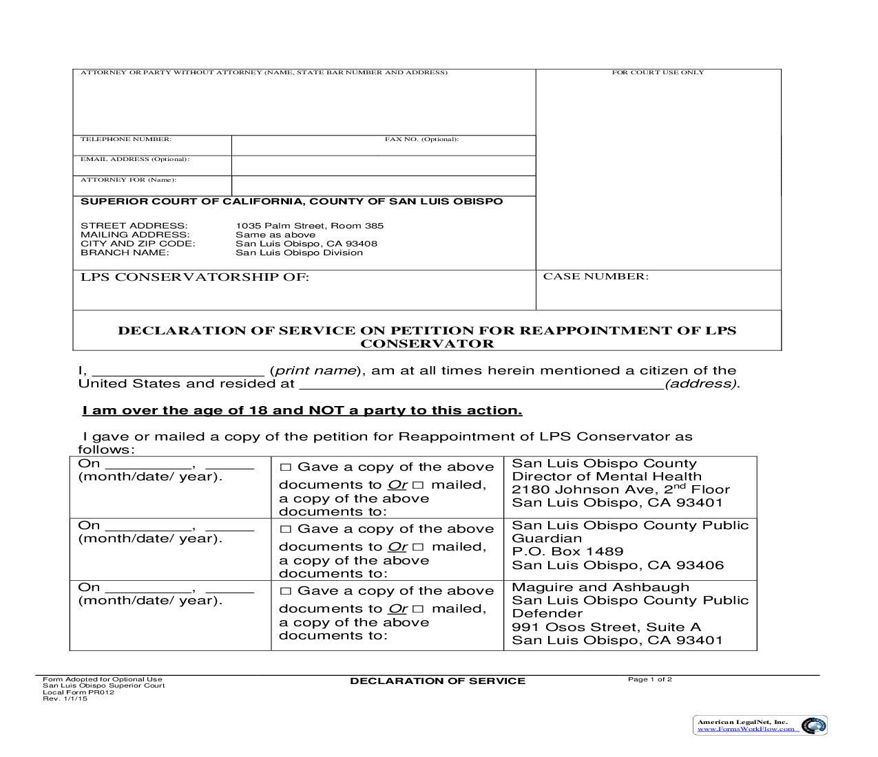 Declaration Of Service On Petition For Reappointment Of LPS Conservator {PR012} | Pdf Fpdf Doc Docx | California