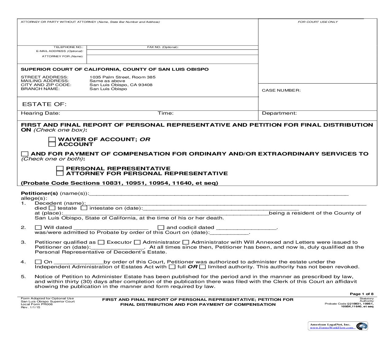 First And Final Report Of Personal Representative Petition For Final Distribution {PR006} | Pdf Fpdf Doc Docx | California