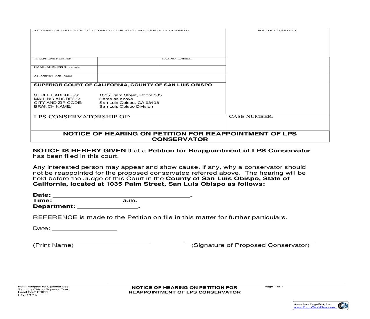 Notice Of Hearing On Petition For Reappointment Of LPS Conservator {PR011} | Pdf Fpdf Doc Docx | California