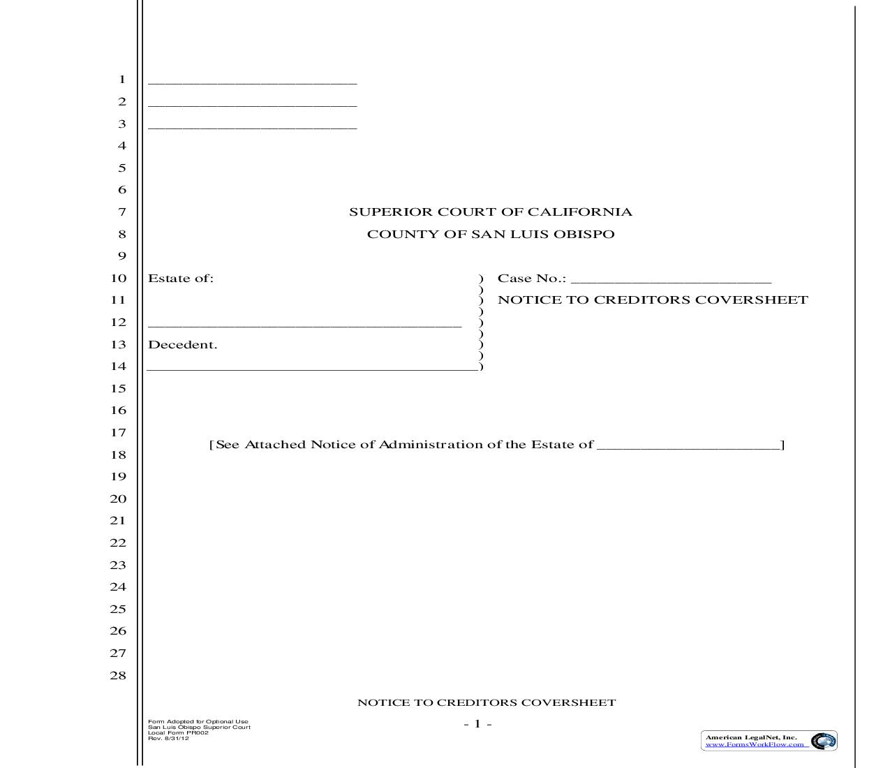 Notice To Creditors Coversheet {PR002} | Pdf Fpdf Doc Docx | California