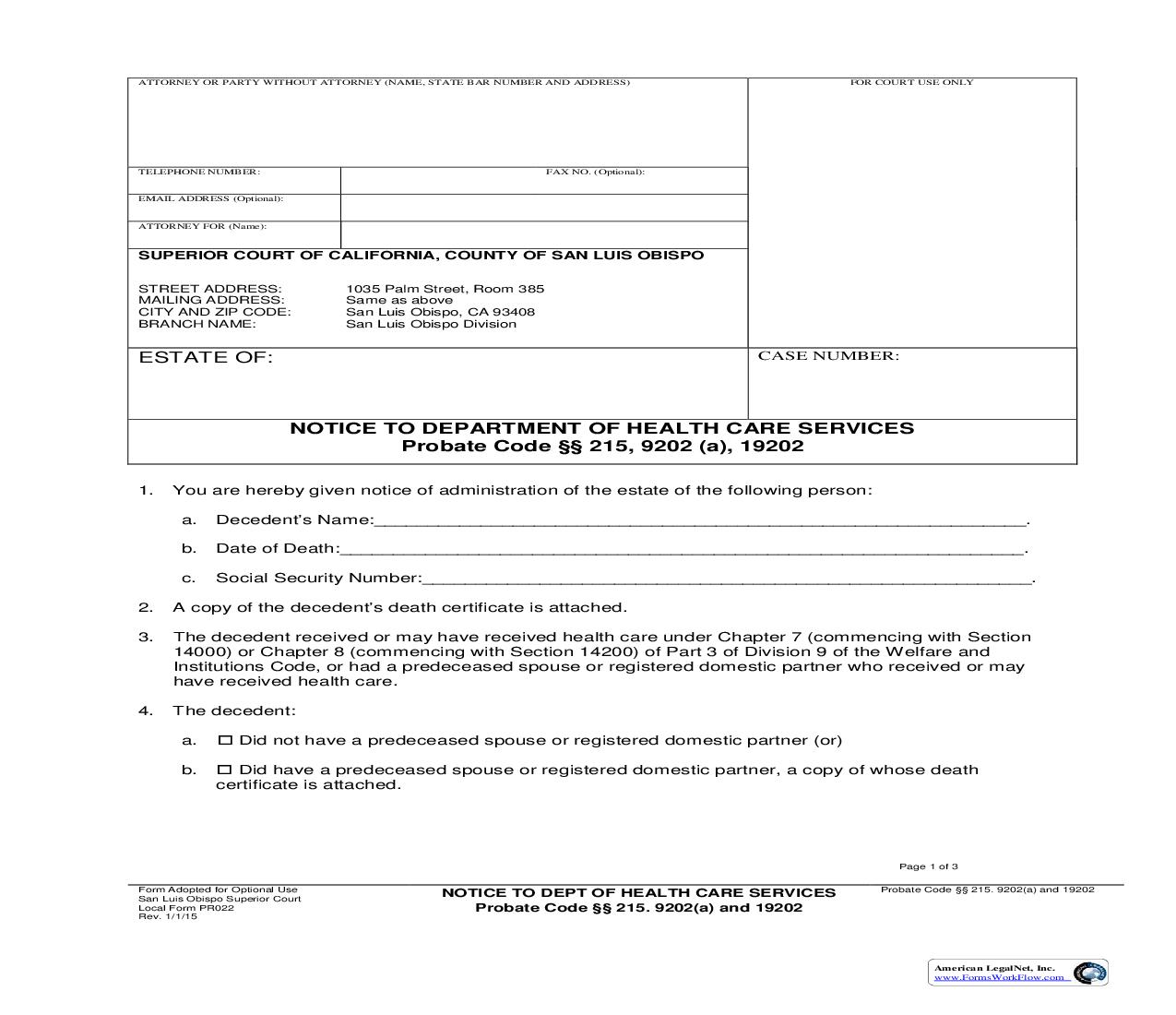 Notice To Department Of Health Care Services {PR022} | Pdf Fpdf Doc Docx | California