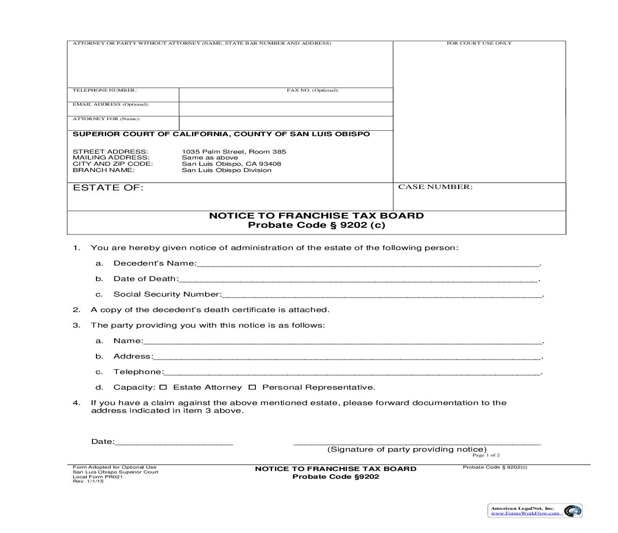 Notice To Franchise Tax Board {PR021} | Pdf Fpdf Doc Docx | California