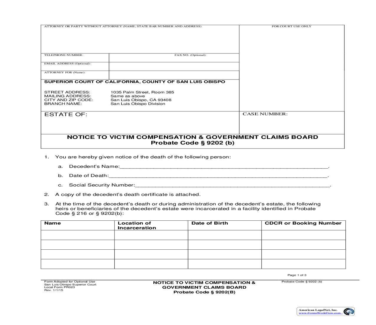 Notice To Victim Compensation And Government Claims Board {PR023} | Pdf Fpdf Doc Docx | California