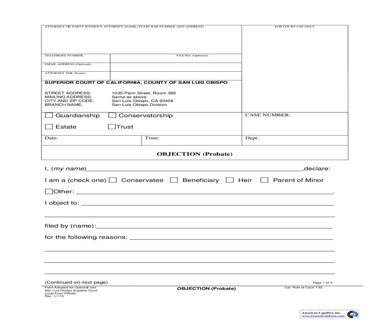 Objection (Probate) {PR020} | Pdf Fpdf Doc Docx | California