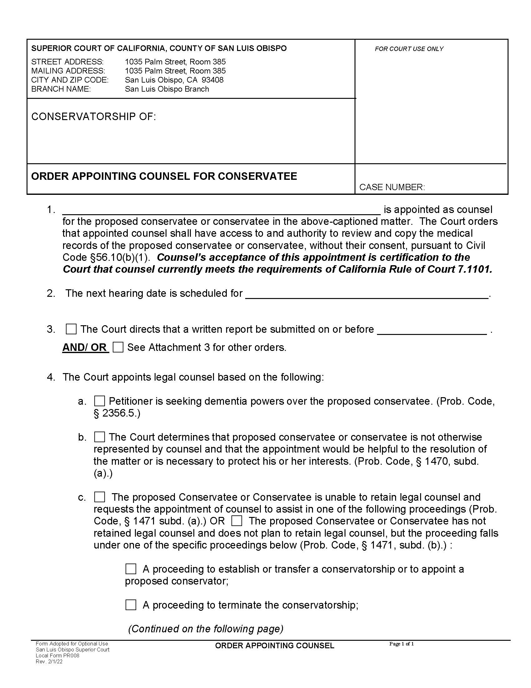 Order Appointing Counsel {PR008} | Pdf Fpdf Doc Docx | California