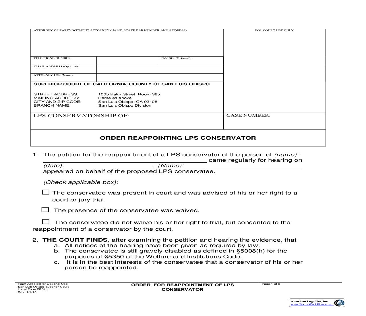 Order For Reappointment Of LPS Conservator {PR014} | Pdf Fpdf Doc Docx | California
