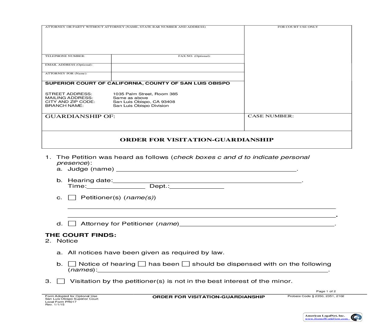 Order For Visitation-Guardianship {PR017} | Pdf Fpdf Doc Docx | California