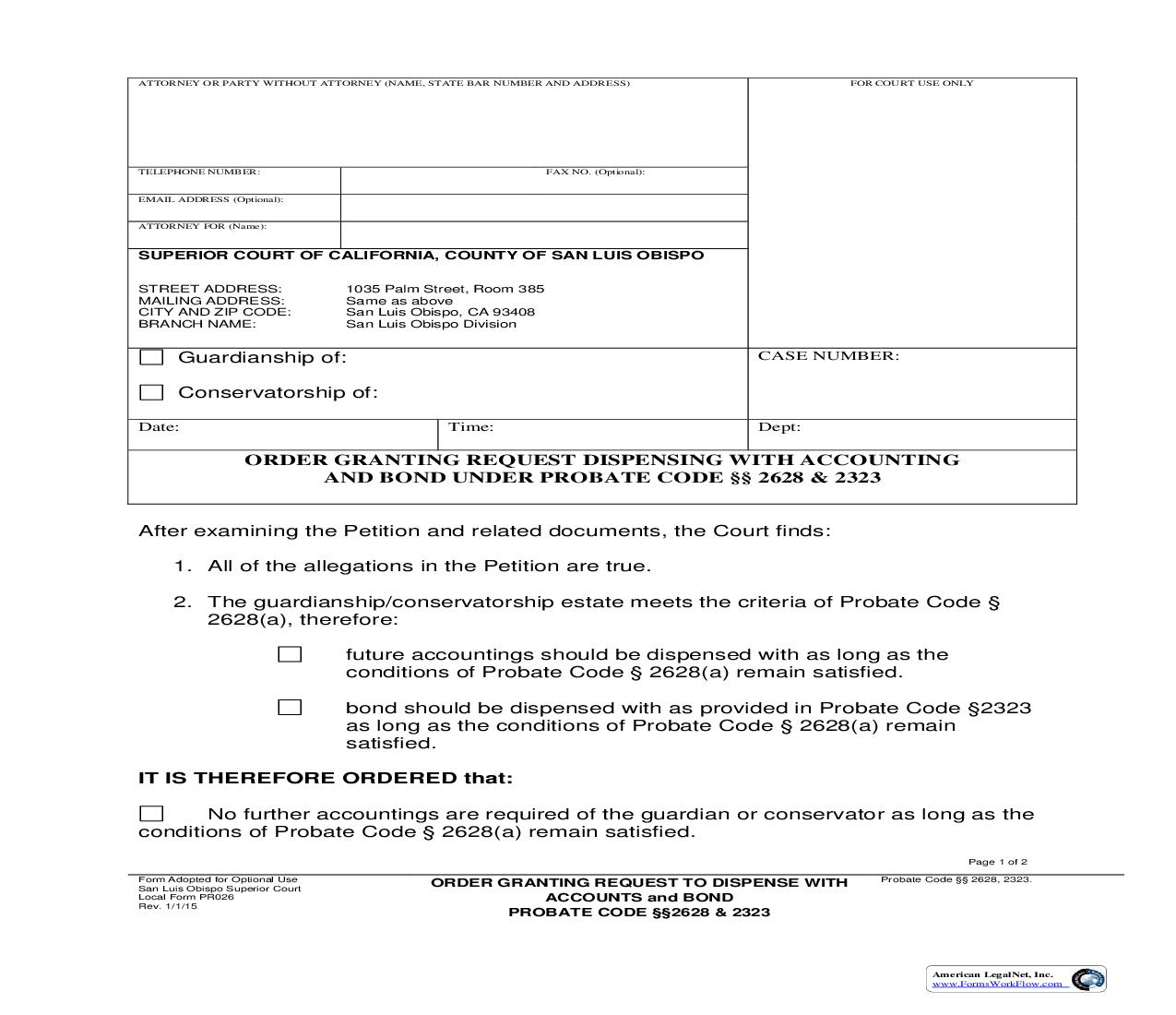 Order Granting Request To Dispense With Accounts And Bond  {PR026} | Pdf Fpdf Doc Docx | California