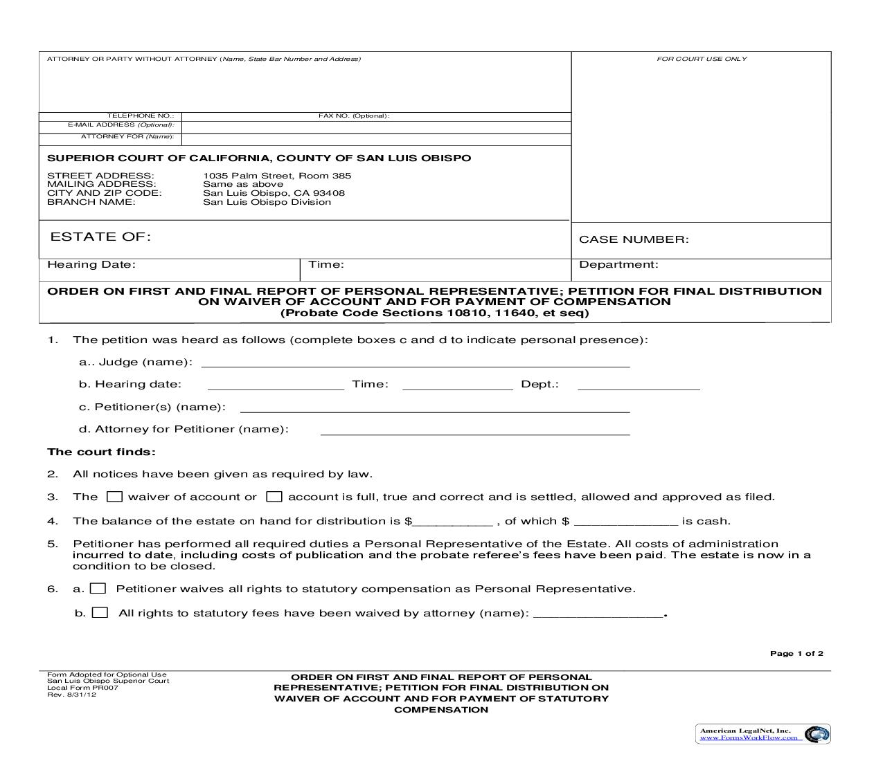 Order On First And Final Report Of Executor-Administrator Petition For Final Distribution {PR007} | Pdf Fpdf Doc Docx | California
