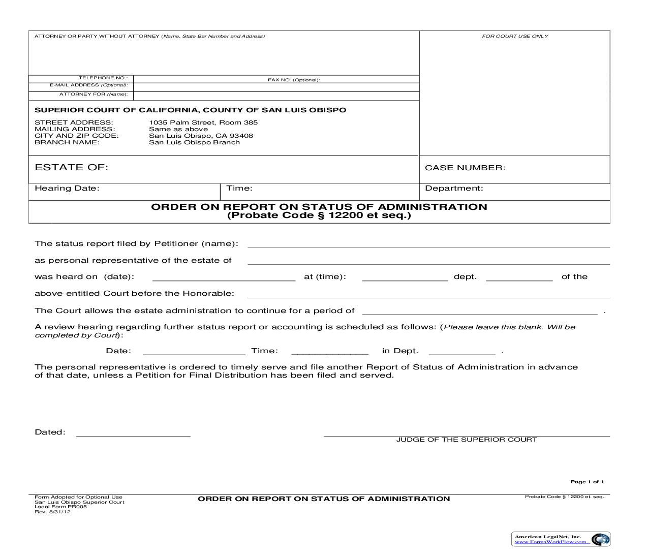 Order On Report On Status Of Administration {PR005} | Pdf Fpdf Doc Docx | California