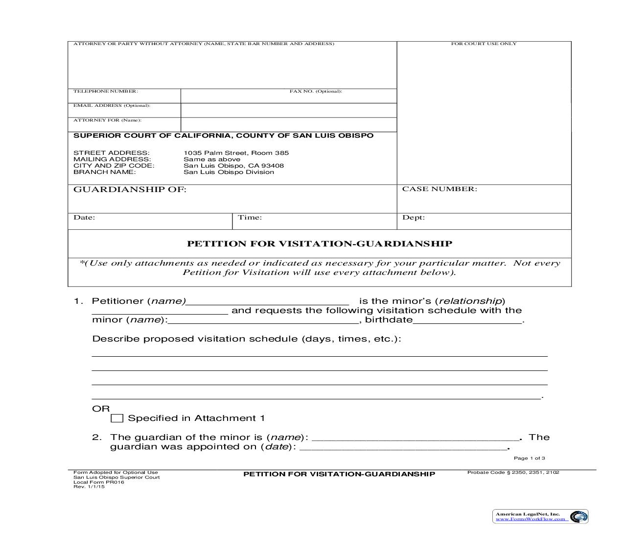 Petition For Visitation-Guardianship {PR016} | Pdf Fpdf Doc Docx | California