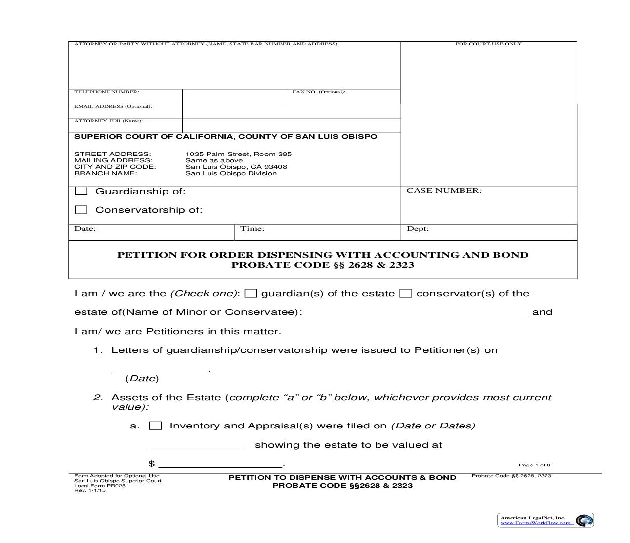 Petition To Dispense With Accounts And Bond {PR025} | Pdf Fpdf Doc Docx | California