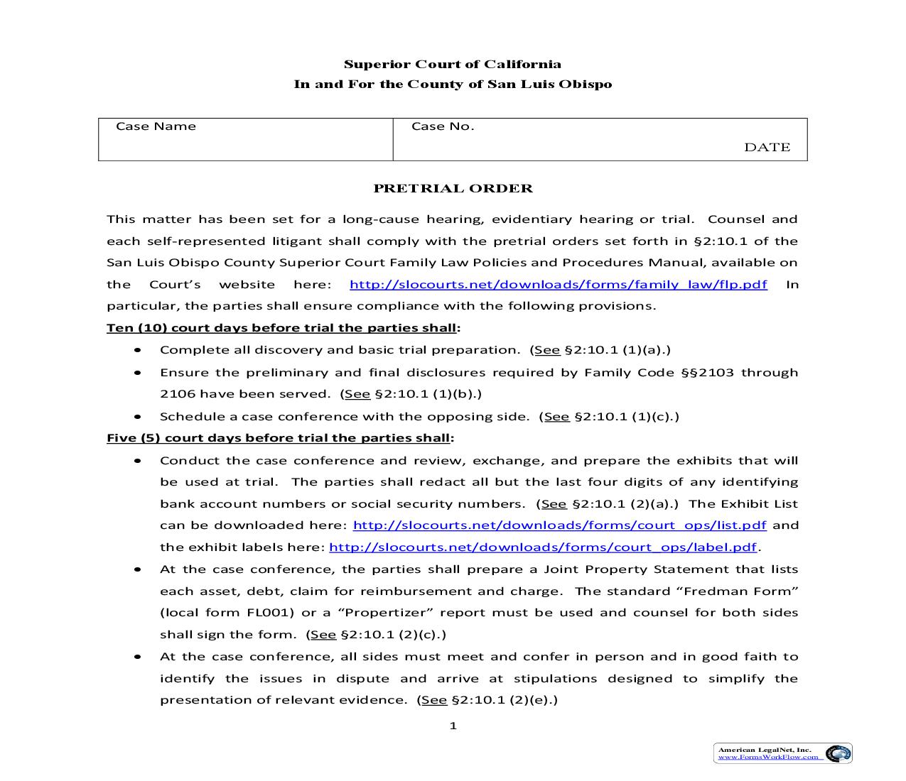 Pretrial Order (For Family Law Trials) | Pdf Fpdf Doc Docx | California