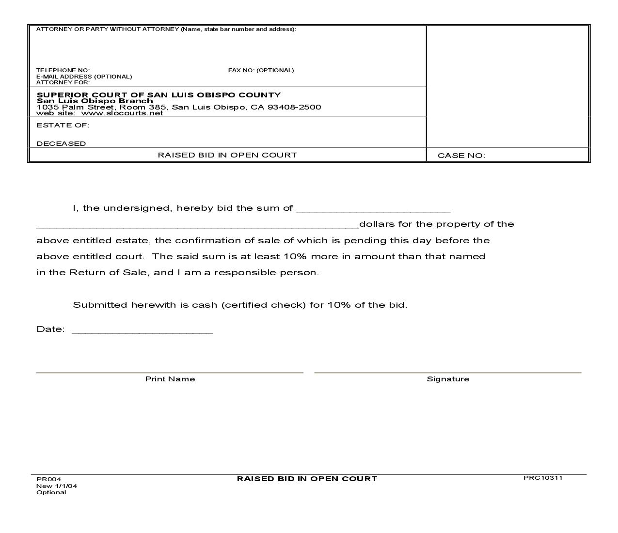 Raised Bid In Open Court {PR004} | Pdf Fpdf Doc Docx | California