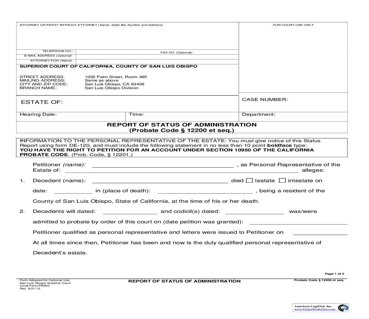Report Of Status Of Administration {PR003} | Pdf Fpdf Doc Docx | California
