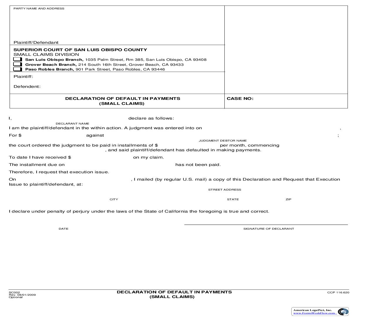 Declaration Of Default In Payments (Small Claims) {SC002} | Pdf Fpdf Doc Docx | California