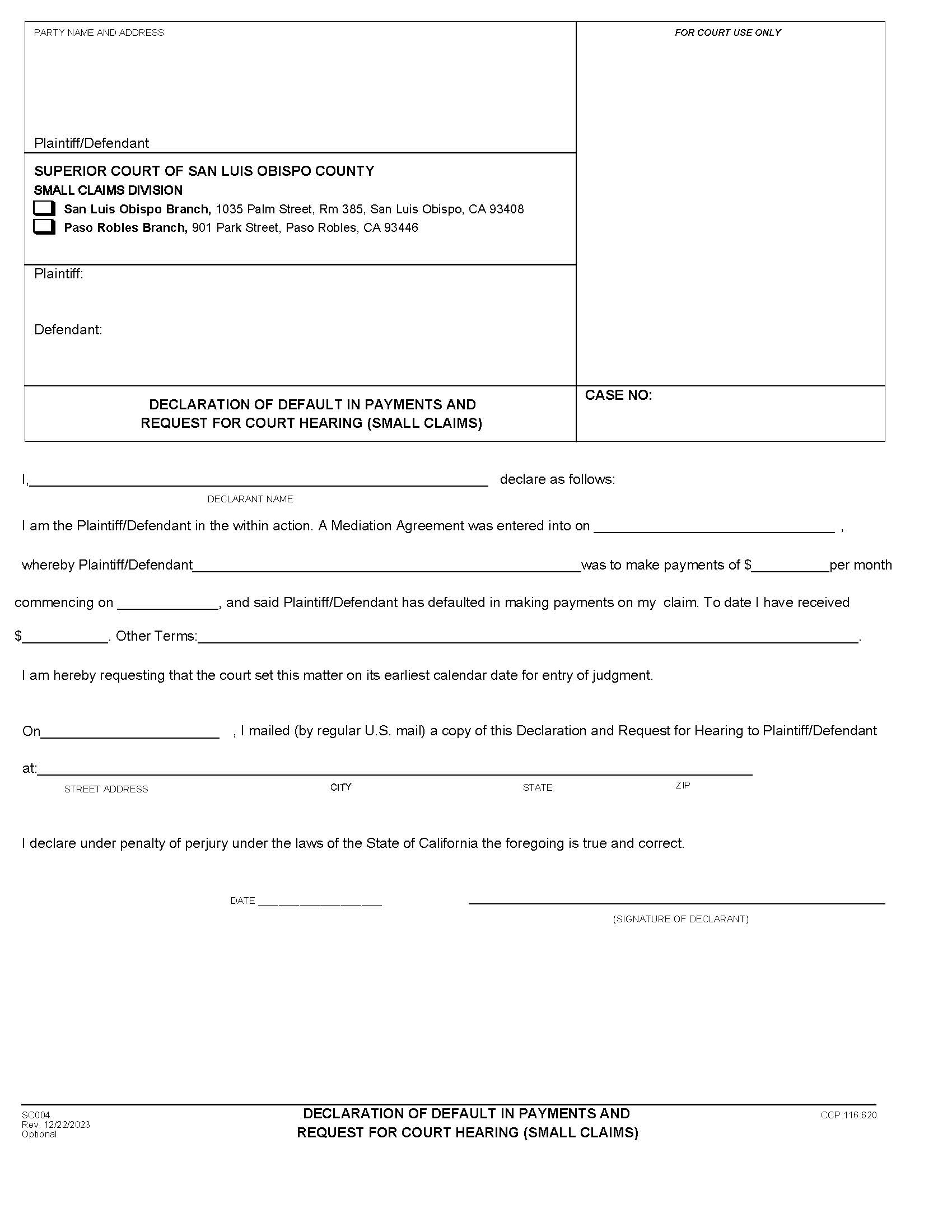 Declaration Of Default In Payments And Request For Court Hearing (Small Claims) {SC004} | Pdf Fpdf Doc Docx | California