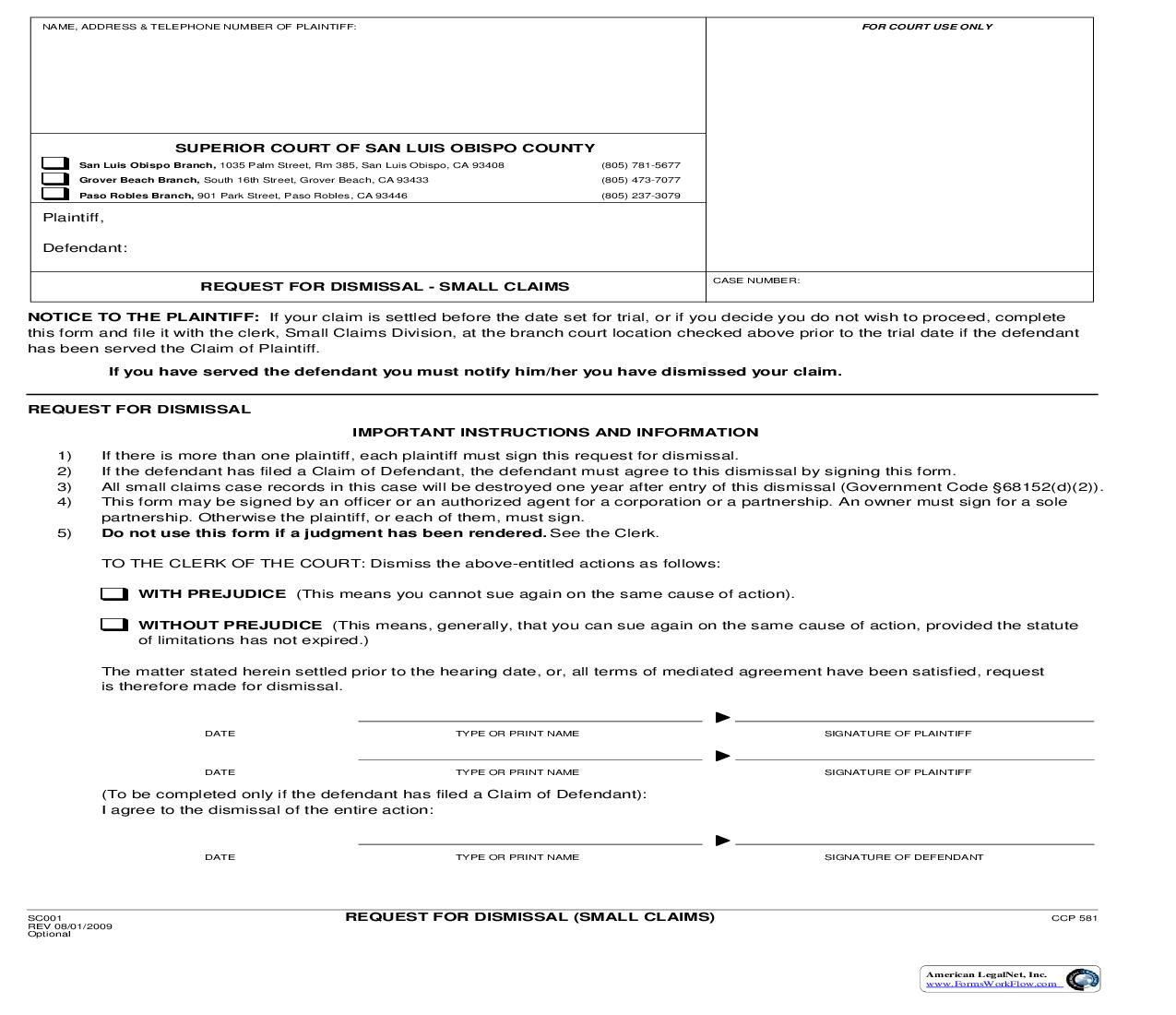 Request For Dismissal - Small Claims {SC001} | Pdf Fpdf Doc Docx | California